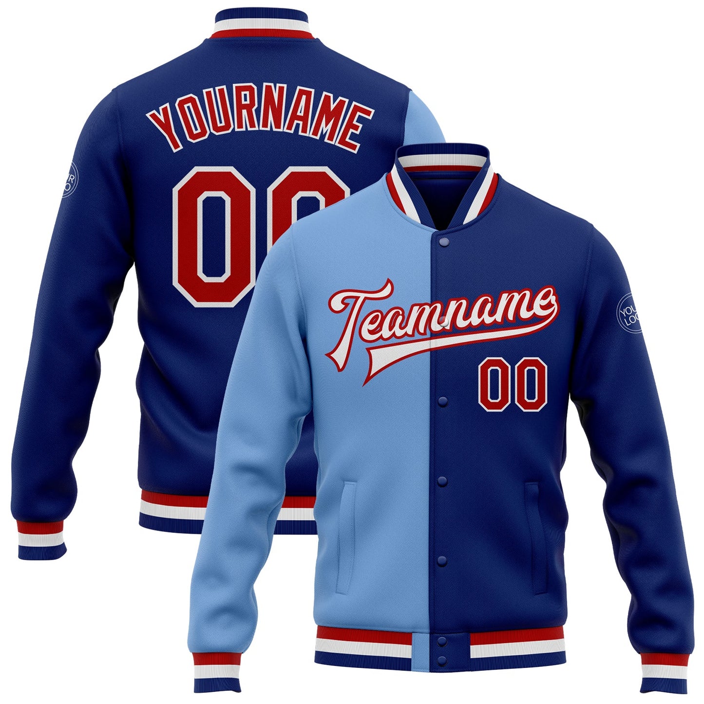 Custom Royal Red-Light Blue Bomber Full-Snap Varsity Letterman Split Fashion Jacket - Main View