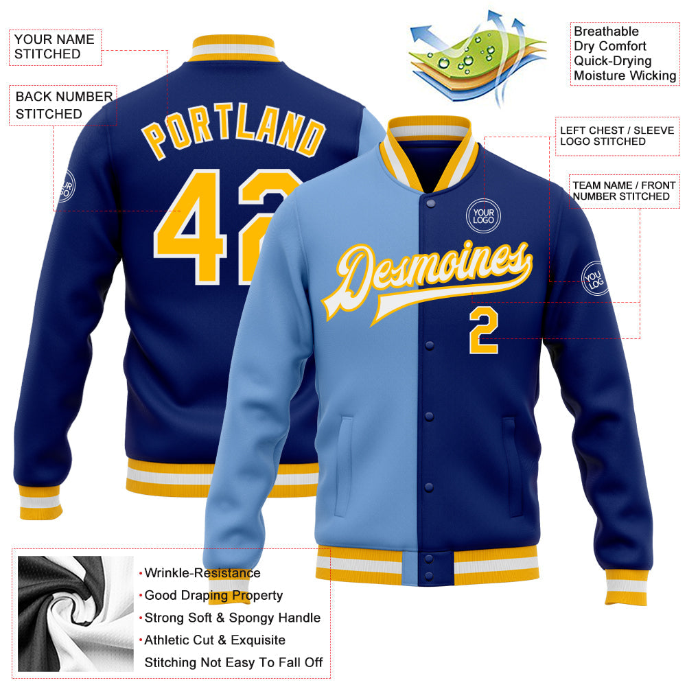 Custom Royal Gold-Light Blue Bomber Full-Snap Varsity Letterman Split Fashion Jacket view 5