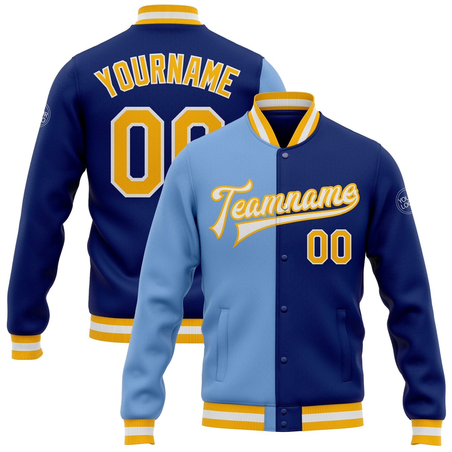 Custom Royal Gold-Light Blue Bomber Full-Snap Varsity Letterman Split Fashion Jacket - Main View