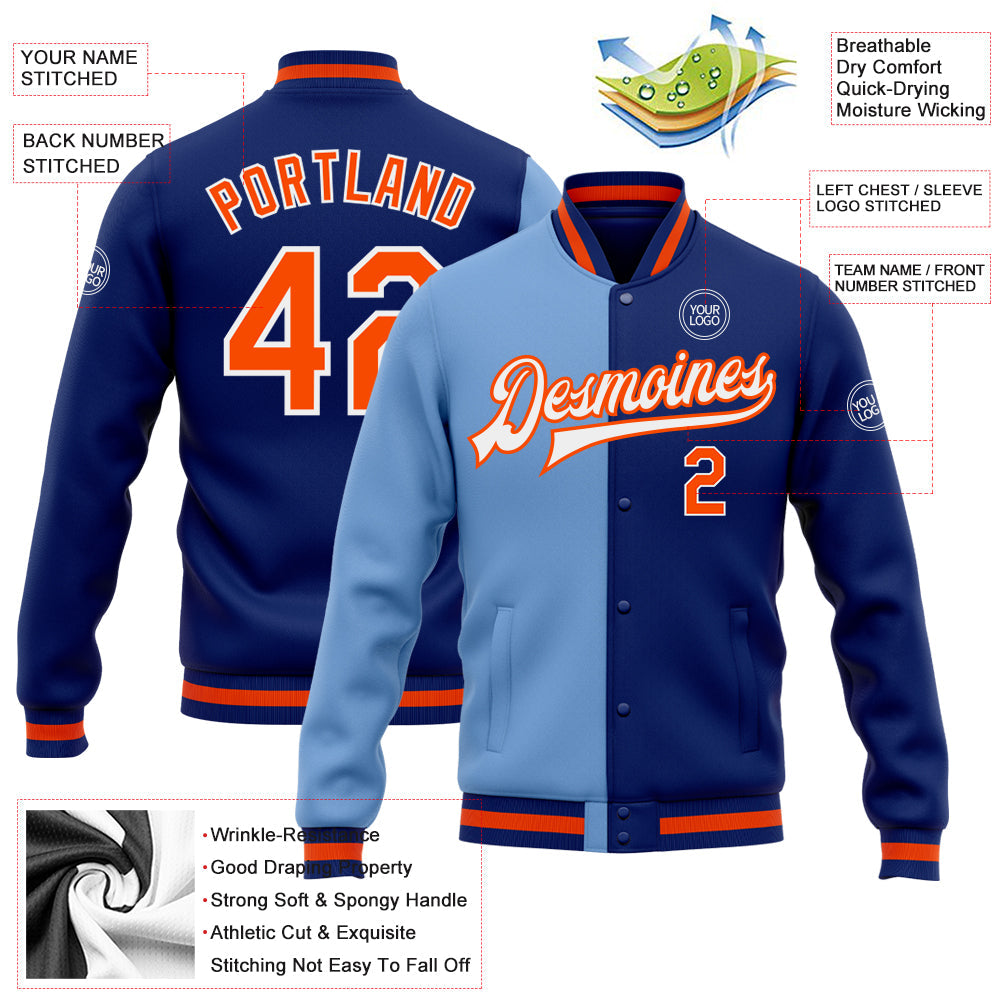 Custom Royal Orange-Light Blue Bomber Full-Snap Varsity Letterman Split Fashion Jacket view 5