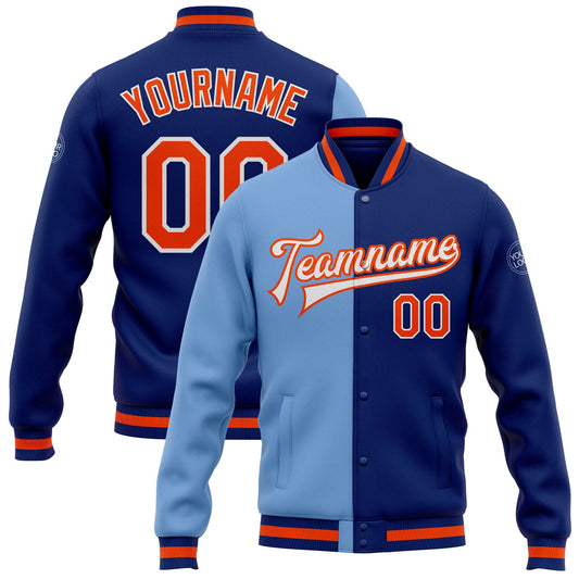 Custom Royal Orange-Light Blue Bomber Full-Snap Varsity Letterman Split Fashion Jacket - Main View