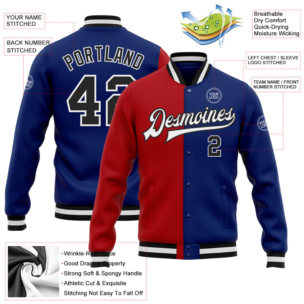 Custom Royal Black-Red Bomber Full-Snap Varsity Letterman Split Fashion Jacket view 5