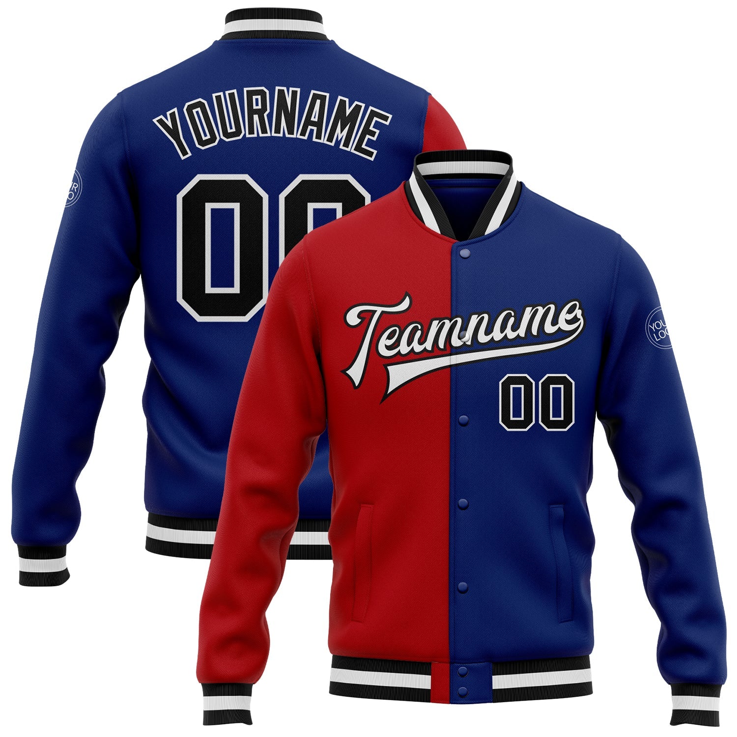 Custom Royal Black-Red Bomber Full-Snap Varsity Letterman Split Fashion Jacket - Main View
