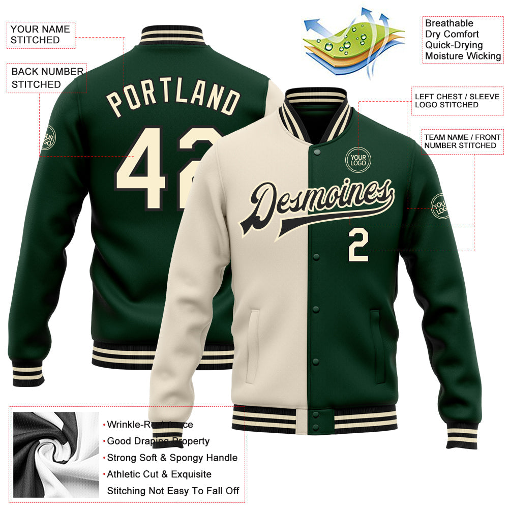 Custom Green Cream-Black Bomber Full-Snap Varsity Letterman Split Fashion Jacket view 5