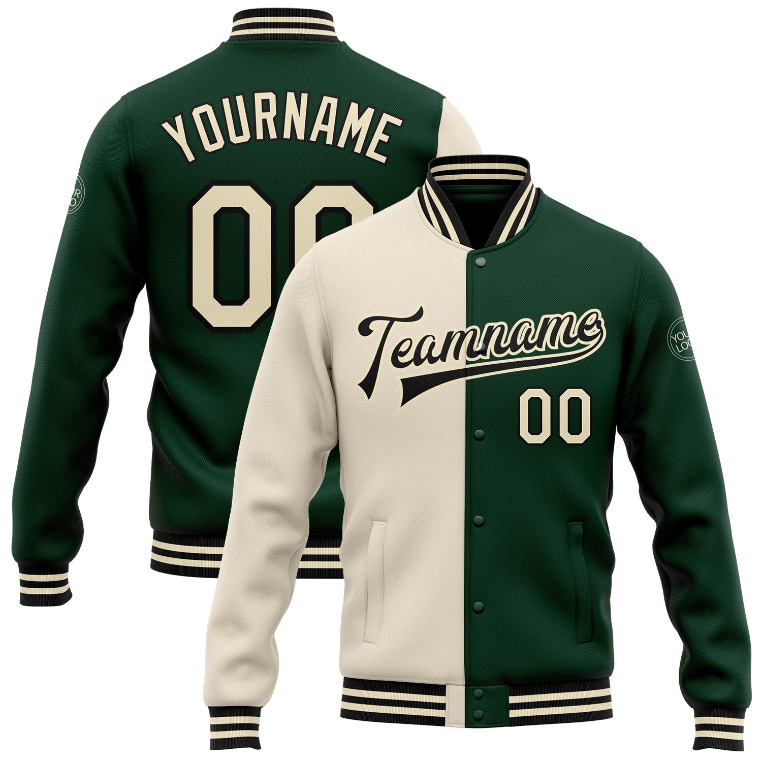 Custom Green Cream-Black Bomber Full-Snap Varsity Letterman Split Fashion Jacket - Main View