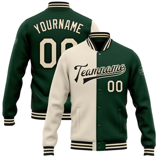 Custom Green Cream-Black Bomber Full-Snap Varsity Letterman Split Fashion Jacket - Main View