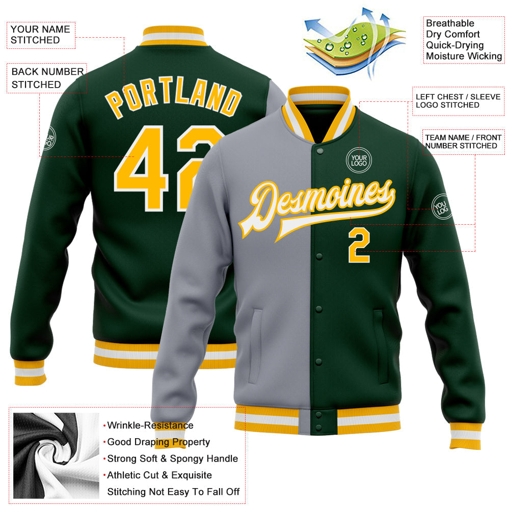 Custom Green Gold-Gray Bomber Full-Snap Varsity Letterman Split Fashion Jacket view 5