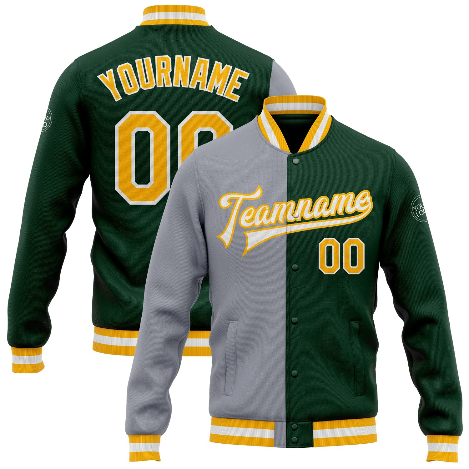 Custom Green Gold-Gray Bomber Full-Snap Varsity Letterman Split Fashion Jacket - Main View