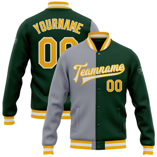 Custom Green Gold-Gray Bomber Full-Snap Varsity Letterman Split Fashion Jacket - Main View