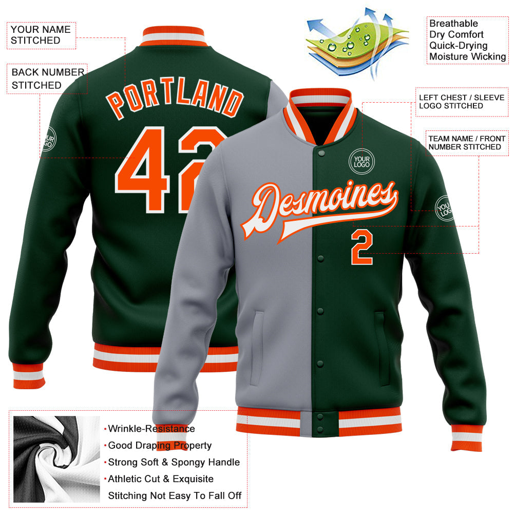 Custom Green Orange-Gray Bomber Full-Snap Varsity Letterman Split Fashion Jacket view 5