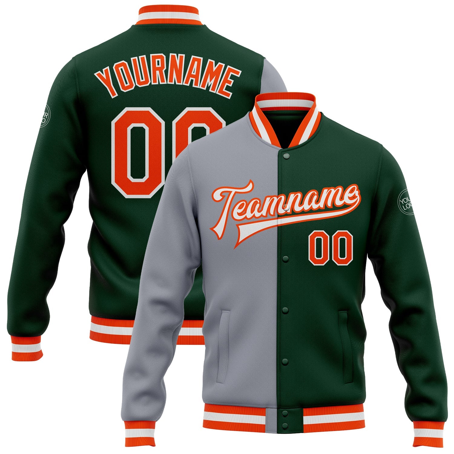 Custom Green Orange-Gray Bomber Full-Snap Varsity Letterman Split Fashion Jacket - Main View