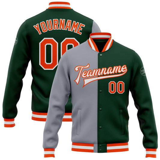 Custom Green Orange-Gray Bomber Full-Snap Varsity Letterman Split Fashion Jacket - Main View