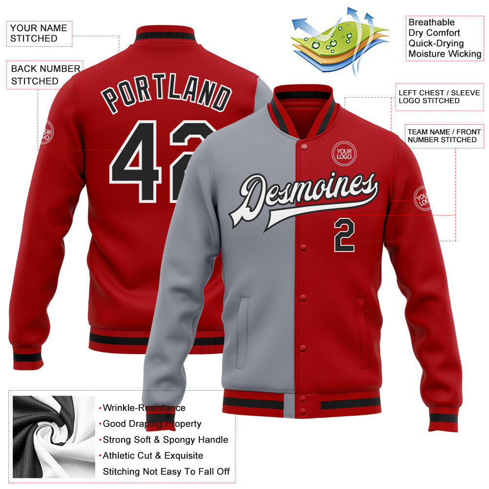 Custom Red Black-Gray Bomber Full-Snap Varsity Letterman Split Fashion Jacket view 5
