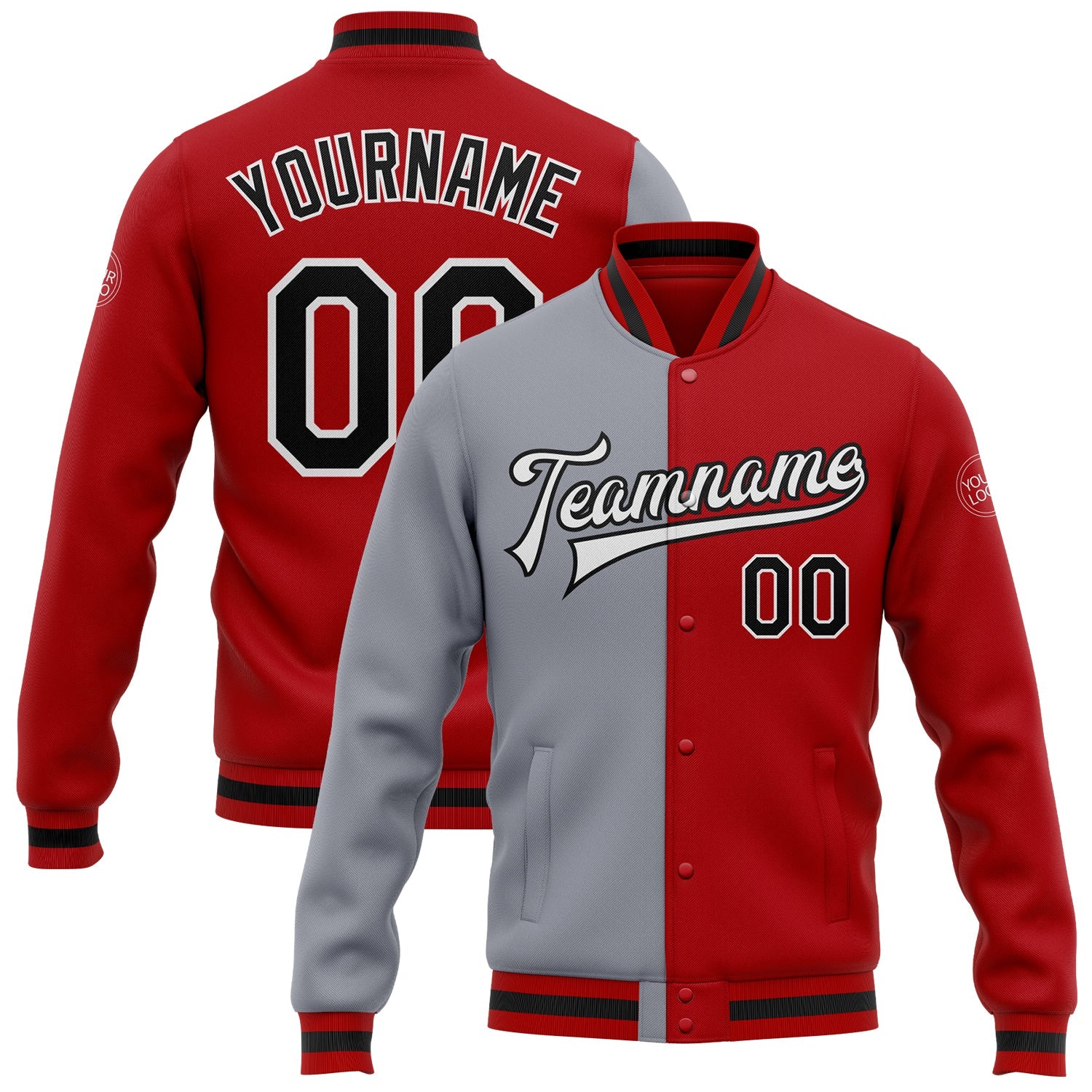 Custom Red Black-Gray Bomber Full-Snap Varsity Letterman Split Fashion Jacket - Main View