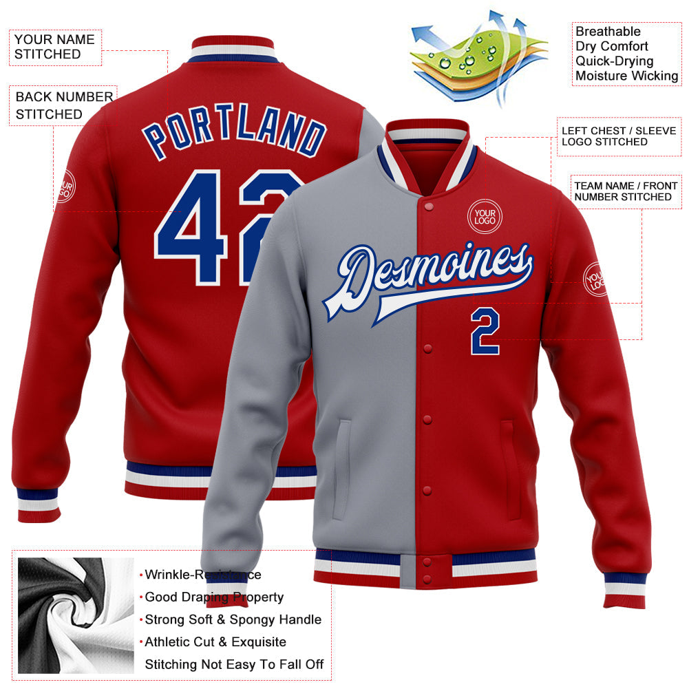 Custom Red Royal-Gray Bomber Full-Snap Varsity Letterman Split Fashion Jacket view 5
