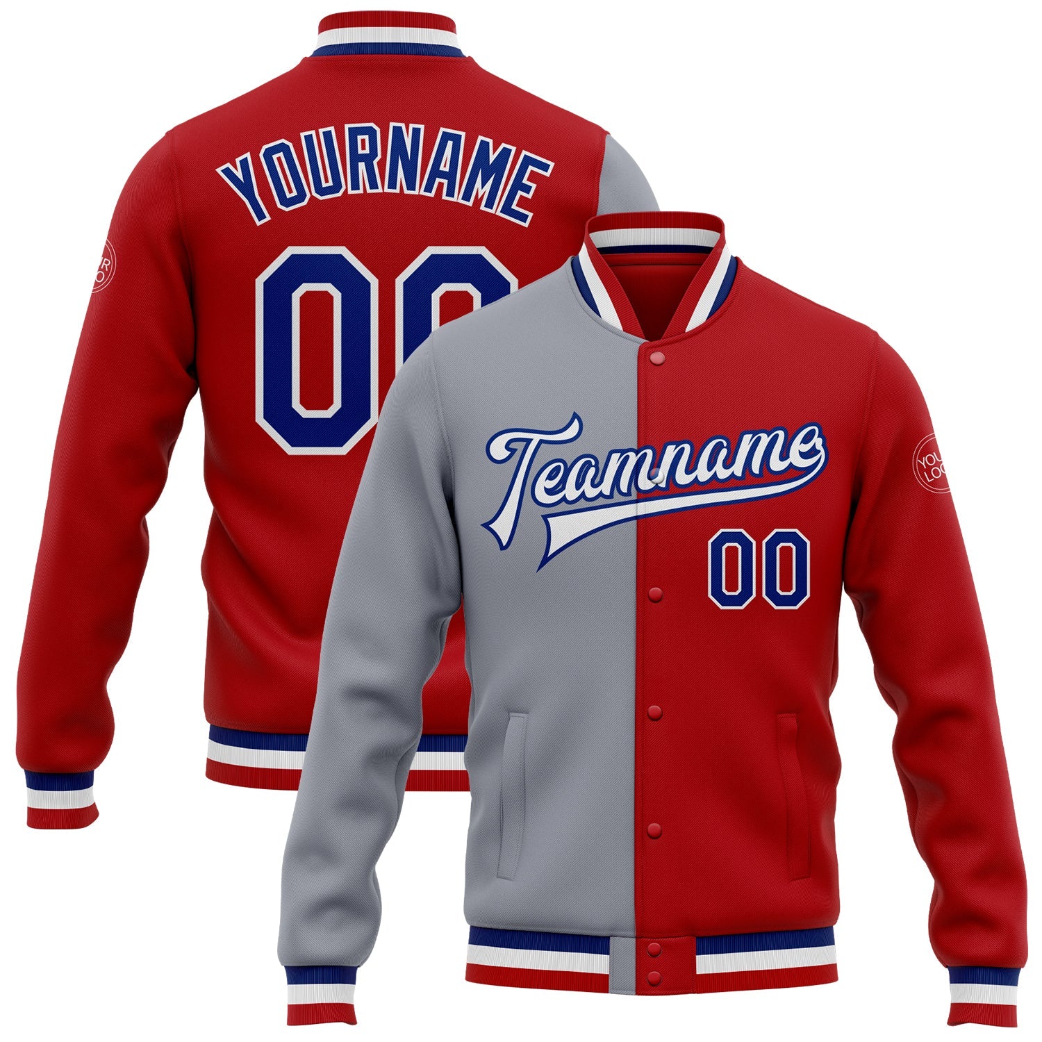 Custom Red Royal-Gray Bomber Full-Snap Varsity Letterman Split Fashion Jacket - Main View