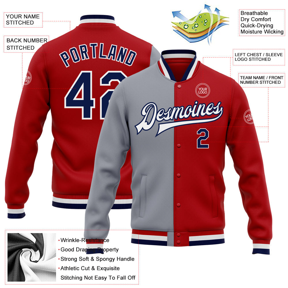 Custom Red Navy-Gray Bomber Full-Snap Varsity Letterman Split Fashion Jacket view 5