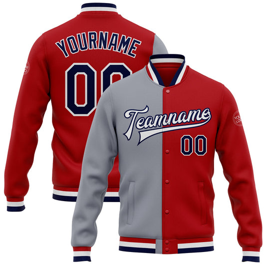 Custom Red Navy-Gray Bomber Full-Snap Varsity Letterman Split Fashion Jacket - Main View