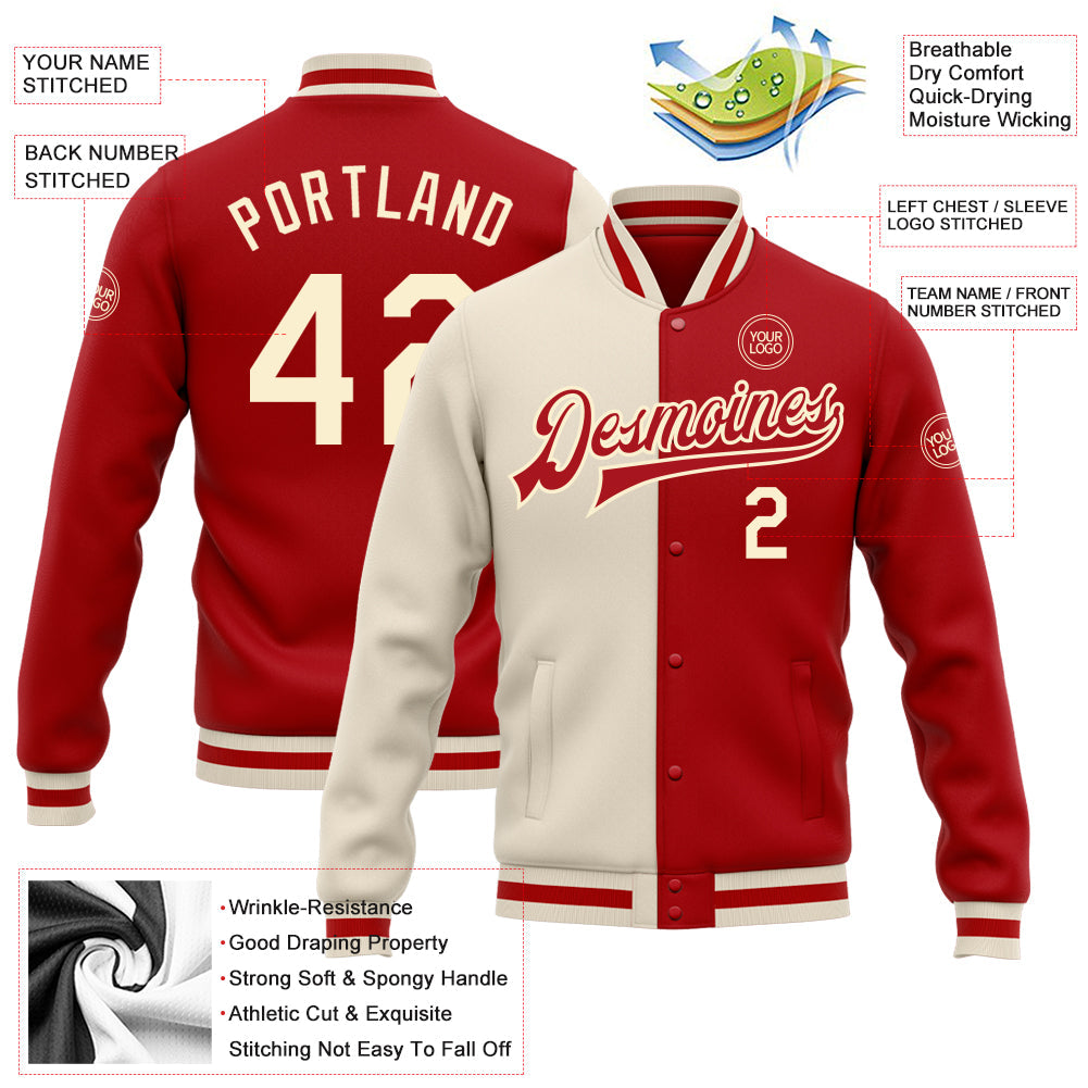 Custom Red Cream Bomber Full-Snap Varsity Letterman Split Fashion Jacket view 5