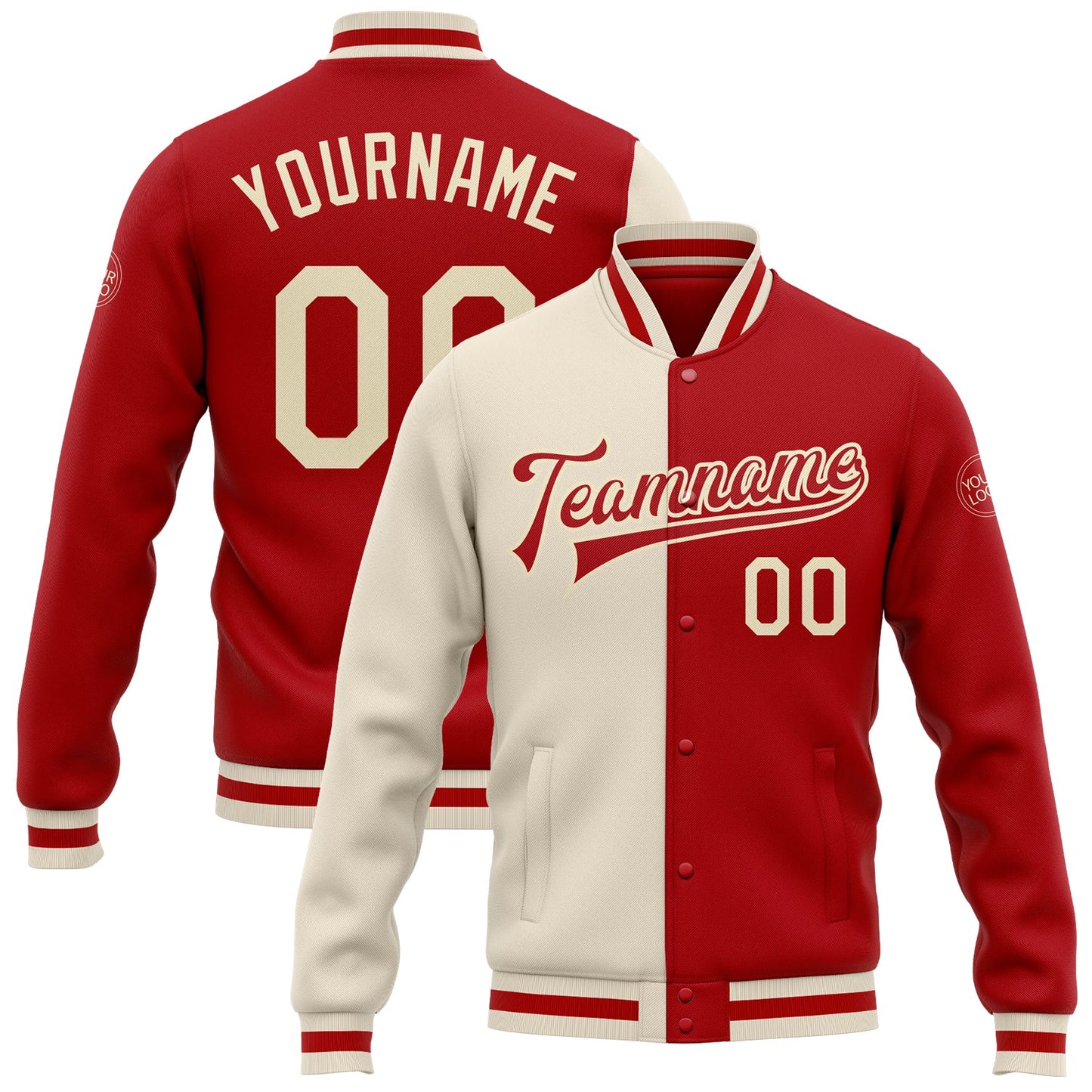 Custom Red Cream Bomber Full-Snap Varsity Letterman Split Fashion Jacket - Main View