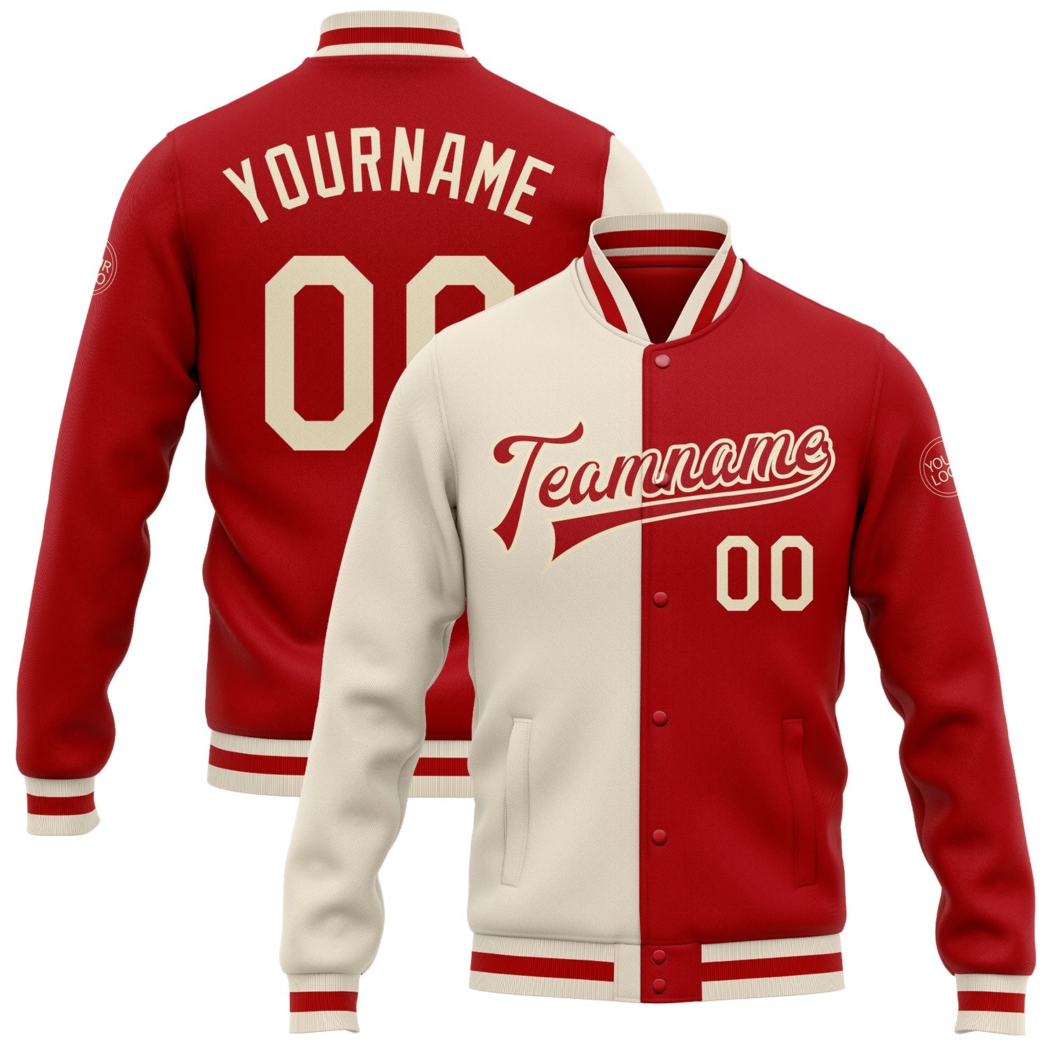 Custom Red Cream Bomber Full-Snap Varsity Letterman Split Fashion Jacket - Main View