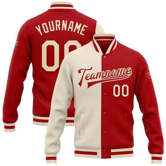 Custom Red Cream Bomber Full-Snap Varsity Letterman Split Fashion Jacket - Main View