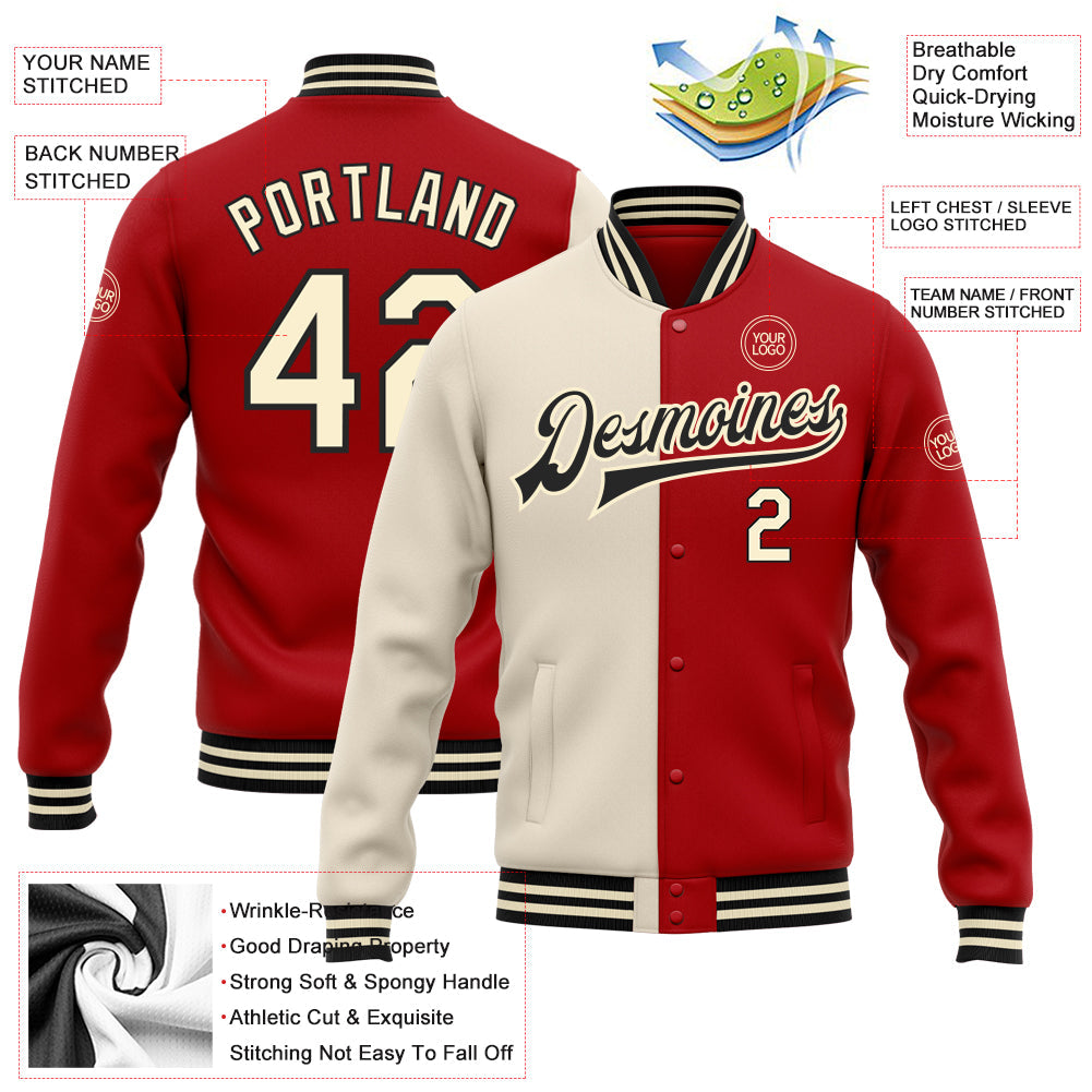 Custom Red Cream-Black Bomber Full-Snap Varsity Letterman Split Fashion Jacket view 5