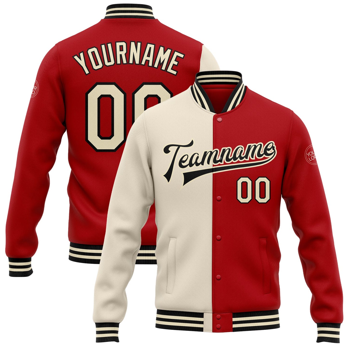 Custom Red Cream-Black Bomber Full-Snap Varsity Letterman Split Fashion Jacket - Main View