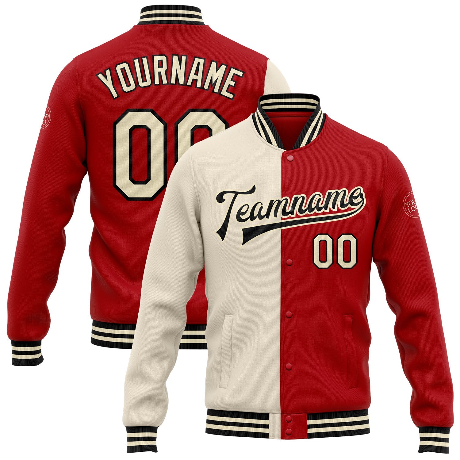 Custom Red Cream-Black Bomber Full-Snap Varsity Letterman Split Fashion Jacket - Main View