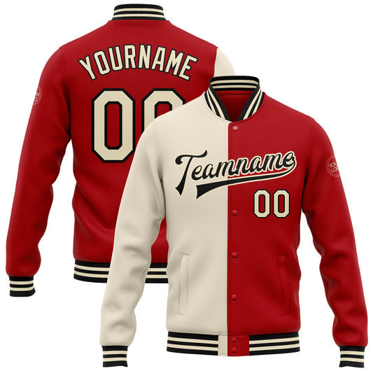 Custom Red Cream-Black Bomber Full-Snap Varsity Letterman Split Fashion Jacket - Main View
