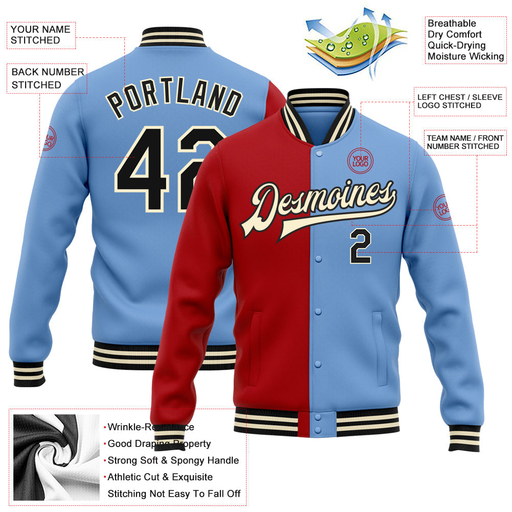 Custom Light Blue Black Red-Cream Bomber Full-Snap Varsity Letterman Split Fashion Jacket view 5