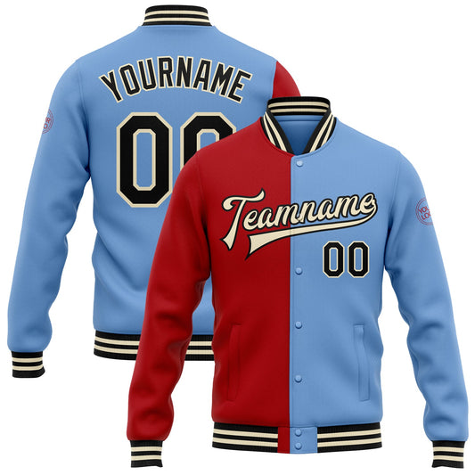Custom Light Blue Black Red-Cream Bomber Full-Snap Varsity Letterman Split Fashion Jacket - Main View