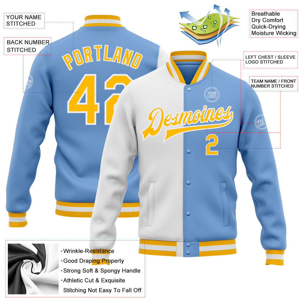 Custom Light Blue Gold-White Bomber Full-Snap Varsity Letterman Split Fashion Jacket view 5