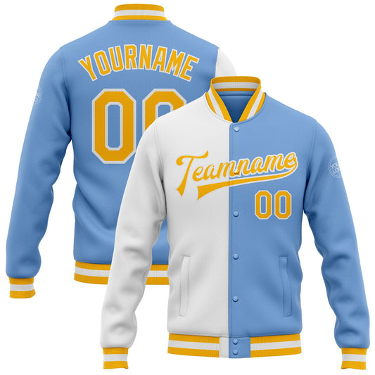 Custom Light Blue Gold-White Bomber Full-Snap Varsity Letterman Split Fashion Jacket - Main View