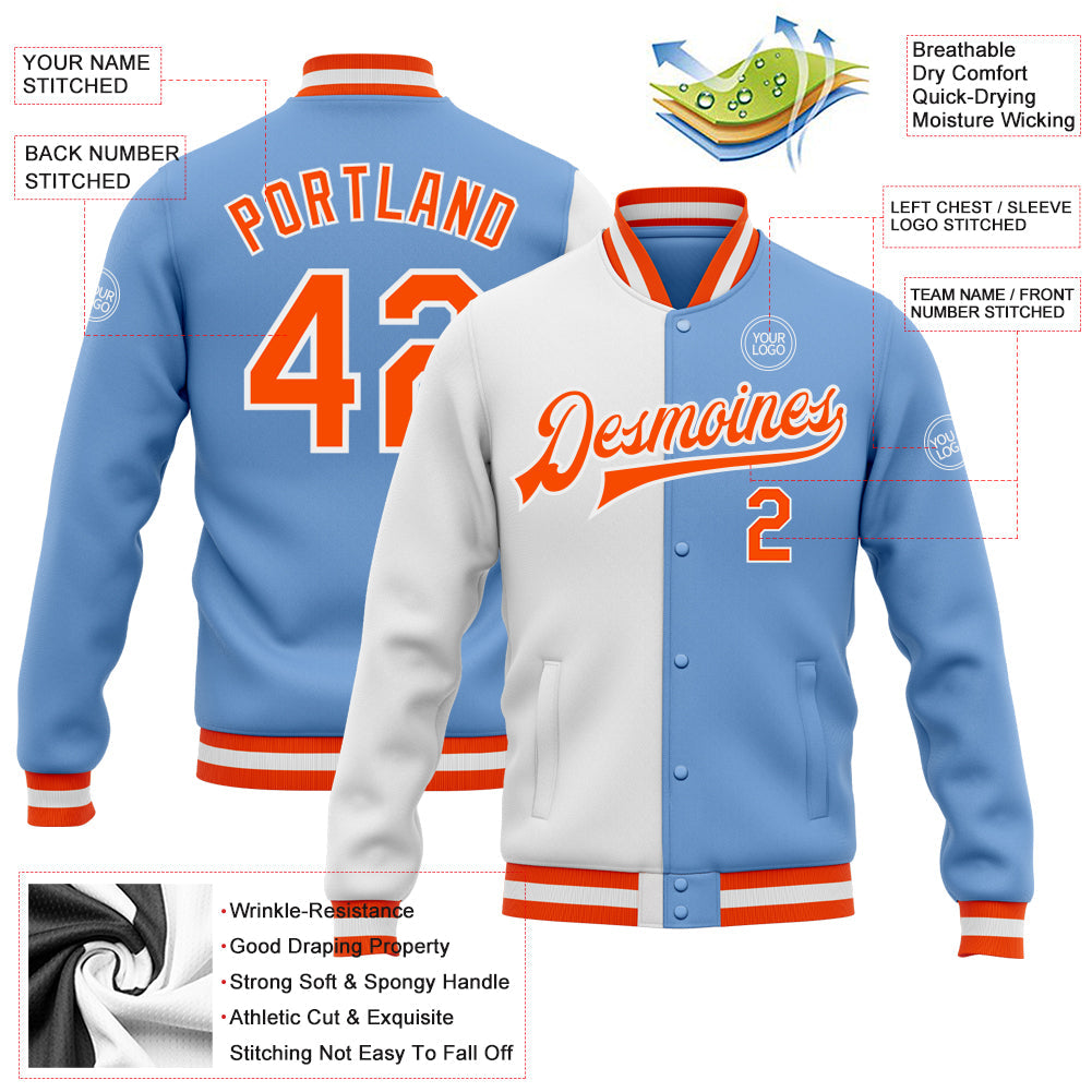 Custom Light Blue Orange-White Bomber Full-Snap Varsity Letterman Split Fashion Jacket view 5