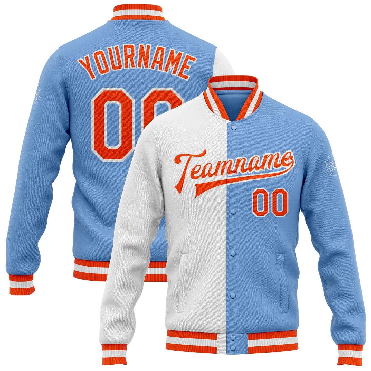 Custom Light Blue Orange-White Bomber Full-Snap Varsity Letterman Split Fashion Jacket - Main View