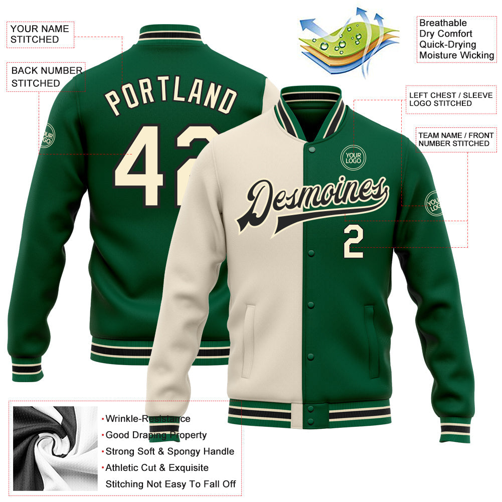 Custom Kelly Green Cream-Black Bomber Full-Snap Varsity Letterman Split Fashion Jacket view 5