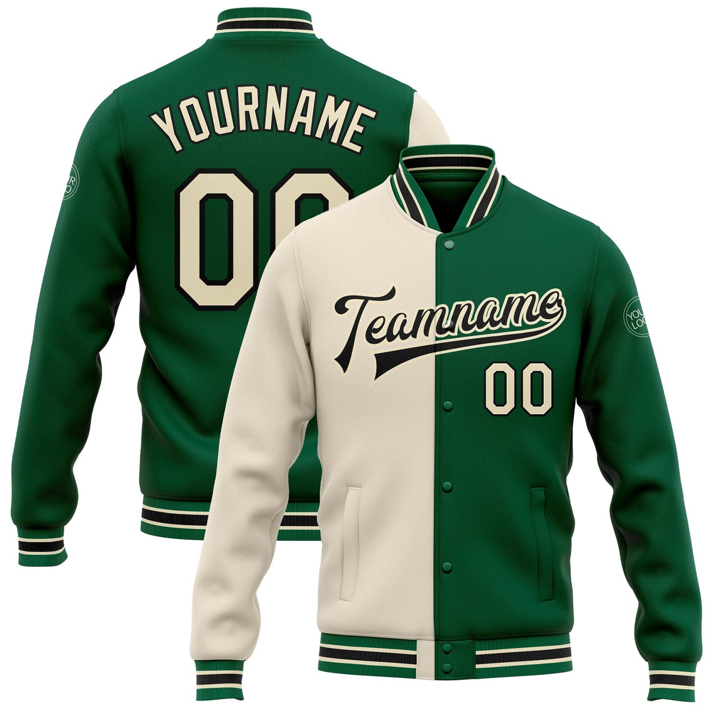 Custom Kelly Green Cream-Black Bomber Full-Snap Varsity Letterman Split Fashion Jacket - Main View