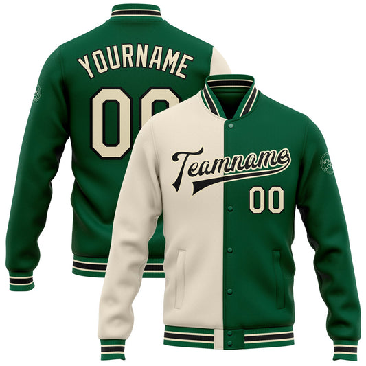Custom Kelly Green Cream-Black Bomber Full-Snap Varsity Letterman Split Fashion Jacket - Main View