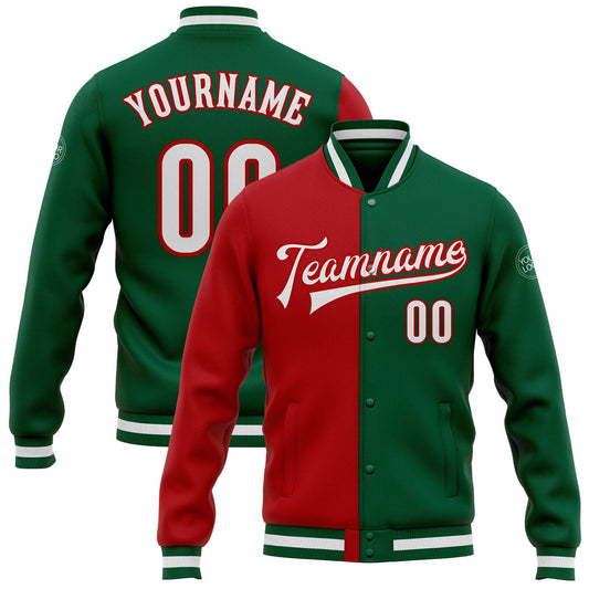 Custom Kelly Green White-Red Bomber Full-Snap Varsity Letterman Split Fashion Jacket - Main View
