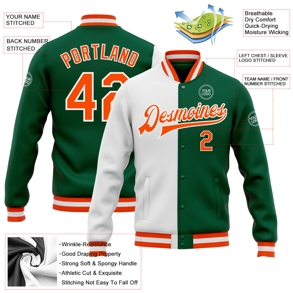 Custom Kelly Green Orange-White Bomber Full-Snap Varsity Letterman Split Fashion Jacket view 5