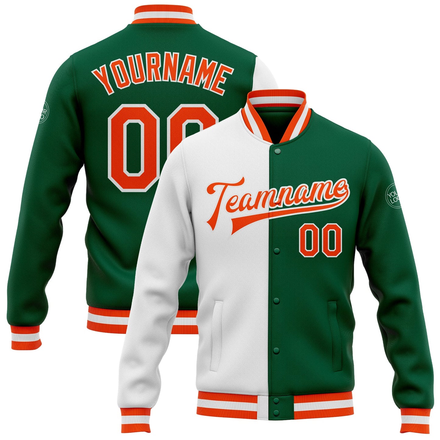 Custom Kelly Green Orange-White Bomber Full-Snap Varsity Letterman Split Fashion Jacket - Main View