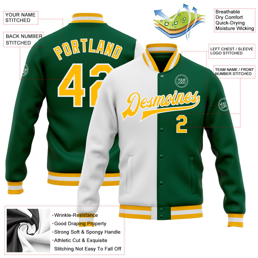 Custom Kelly Green Gold-White Bomber Full-Snap Varsity Letterman Split Fashion Jacket view 5