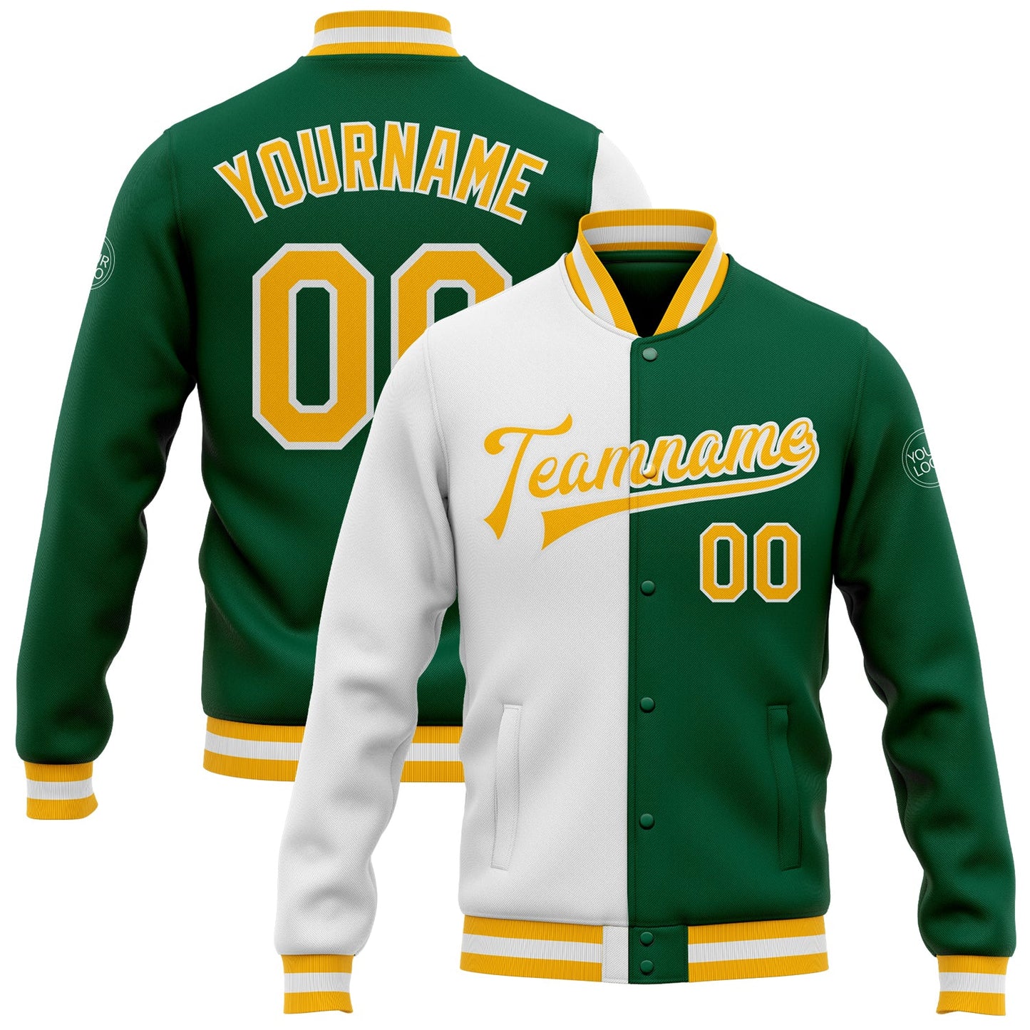 Custom Kelly Green Gold-White Bomber Full-Snap Varsity Letterman Split Fashion Jacket - Main View