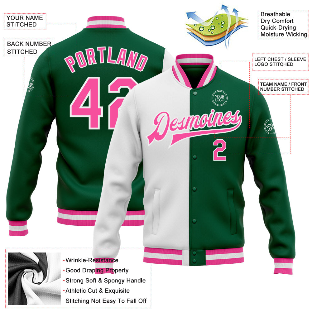Custom Kelly Green Pink-White Bomber Full-Snap Varsity Letterman Split Fashion Jacket view 5