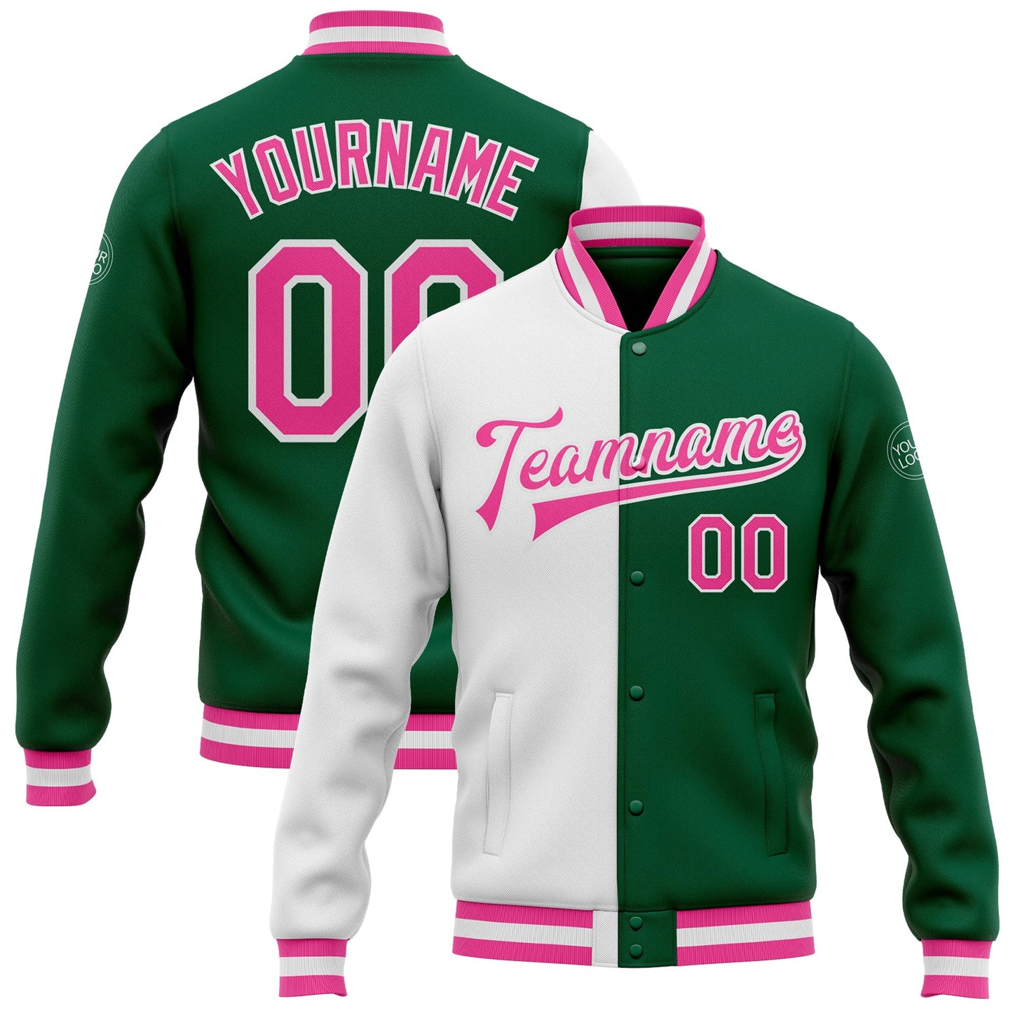 Custom Kelly Green Pink-White Bomber Full-Snap Varsity Letterman Split Fashion Jacket - Main View