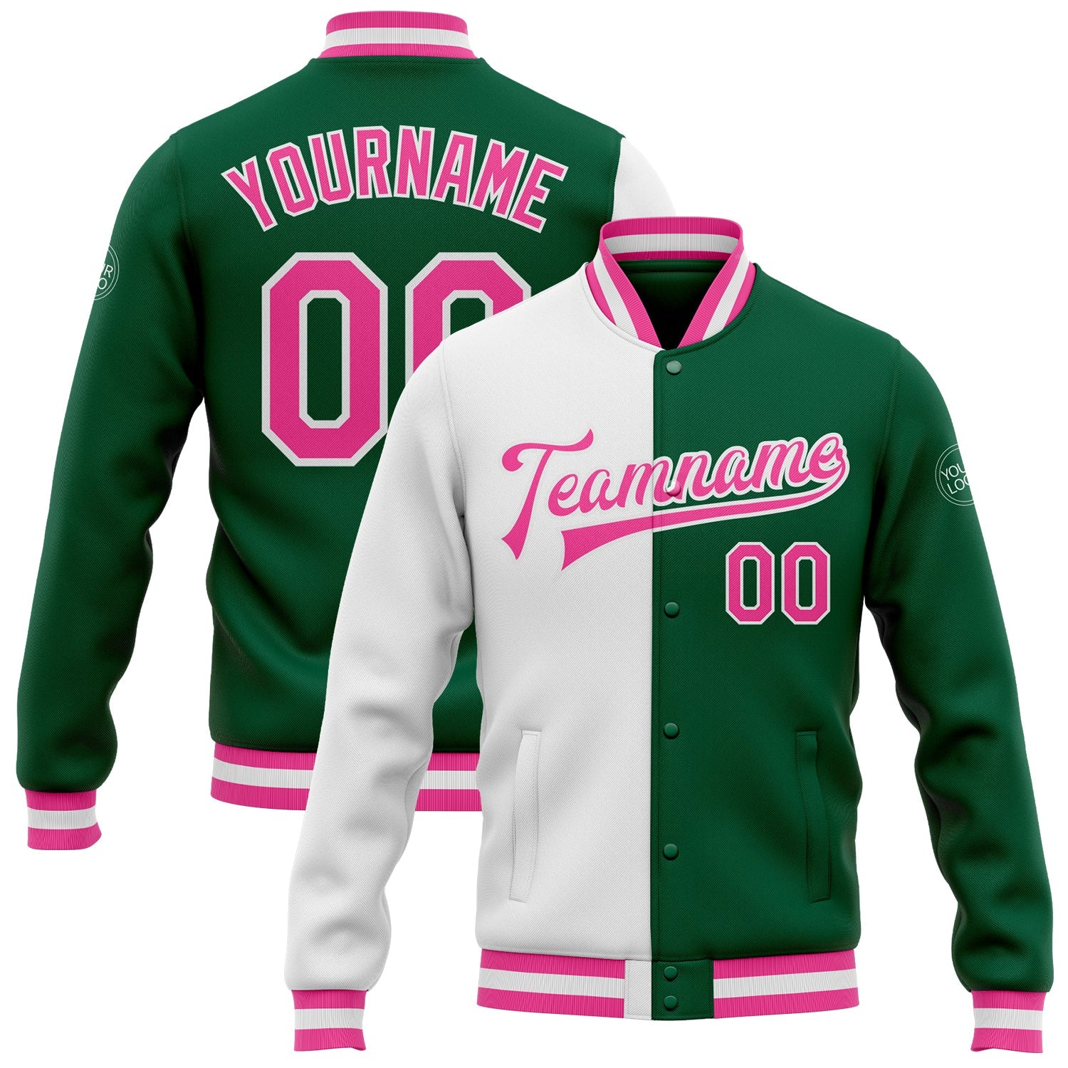 Custom Kelly Green Pink-White Bomber Full-Snap Varsity Letterman Split Fashion Jacket - Main View