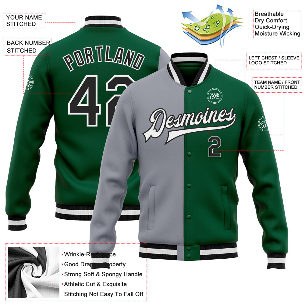Custom Kelly Green Black-Gray Bomber Full-Snap Varsity Letterman Split Fashion Jacket view 5