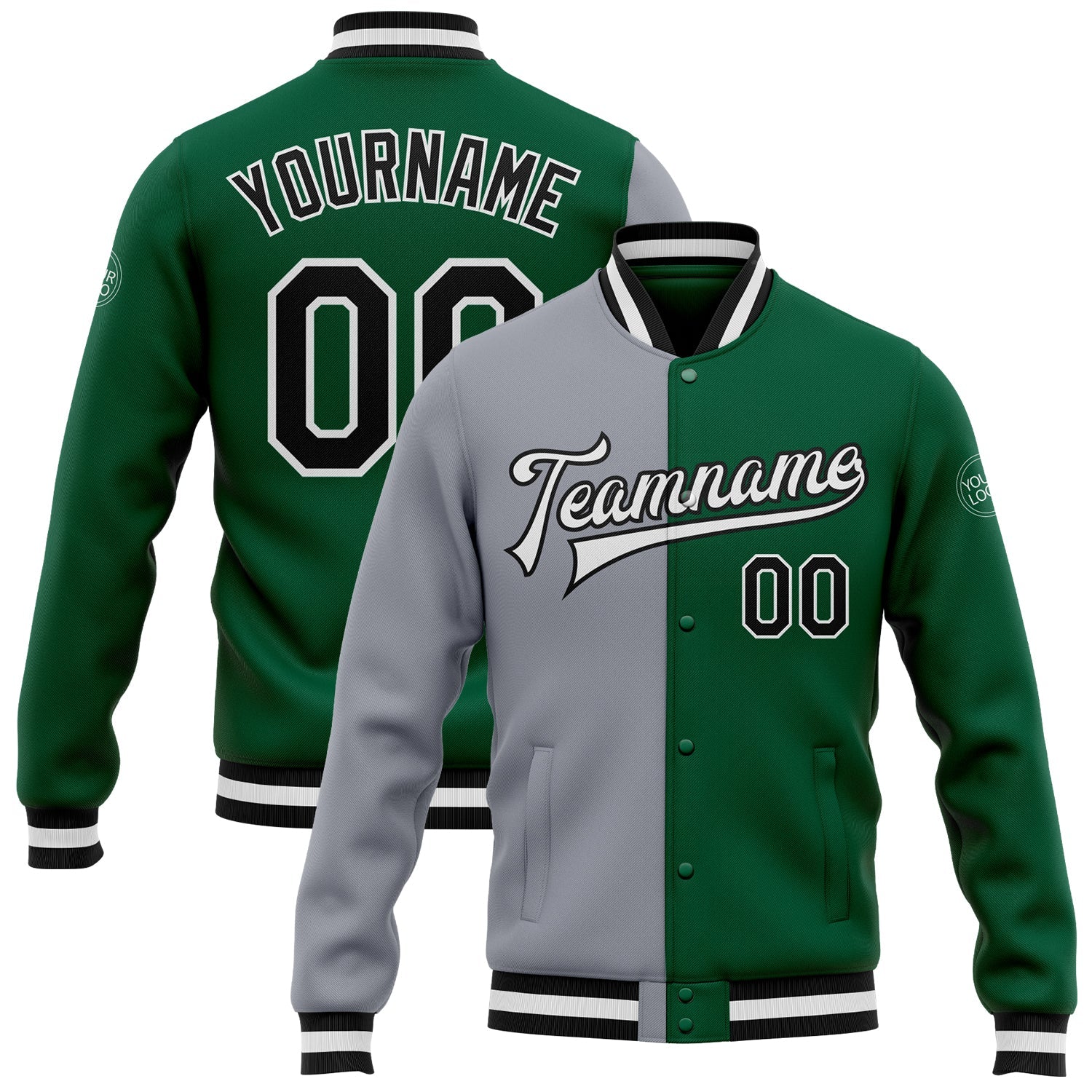 Custom Kelly Green Black-Gray Bomber Full-Snap Varsity Letterman Split Fashion Jacket - Main View