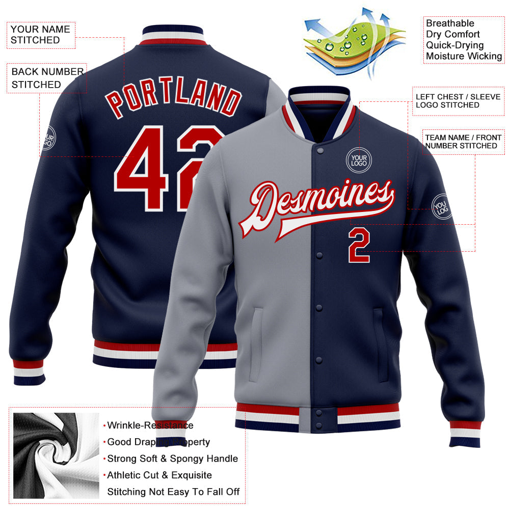 Custom Navy Red-Gray Bomber Full-Snap Varsity Letterman Split Fashion Jacket view 5